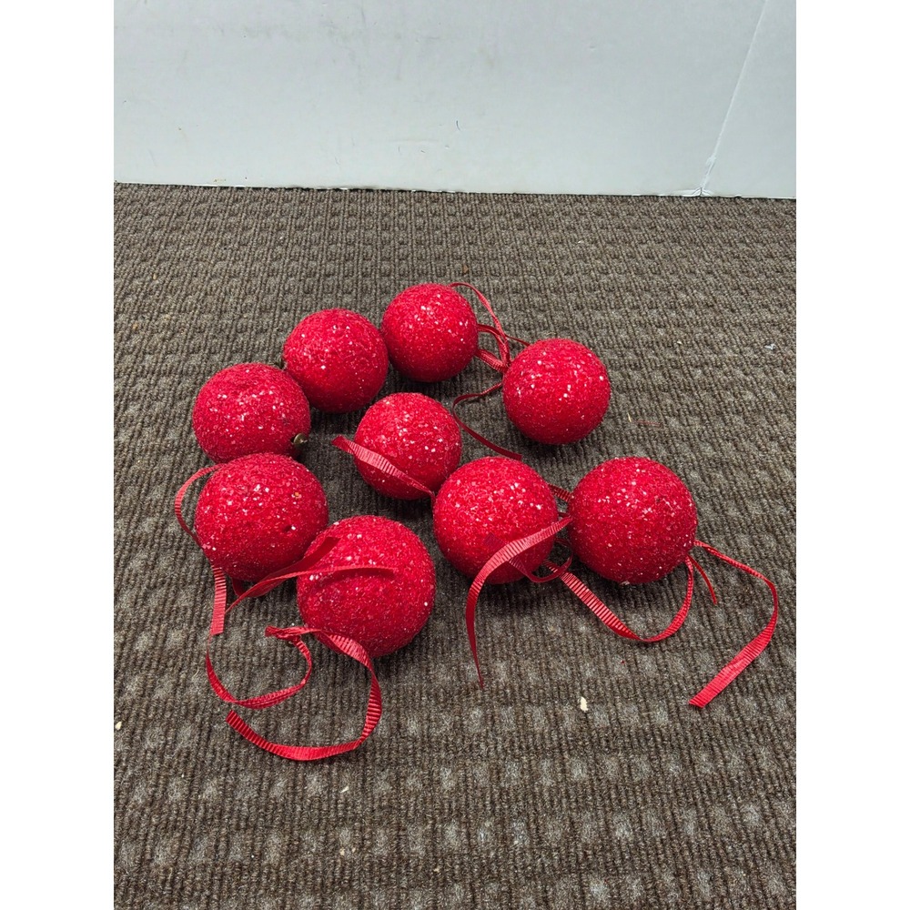 Pyramid Unbreakable Red Glitter Snow Dusted Christmas Ornaments Set of 9